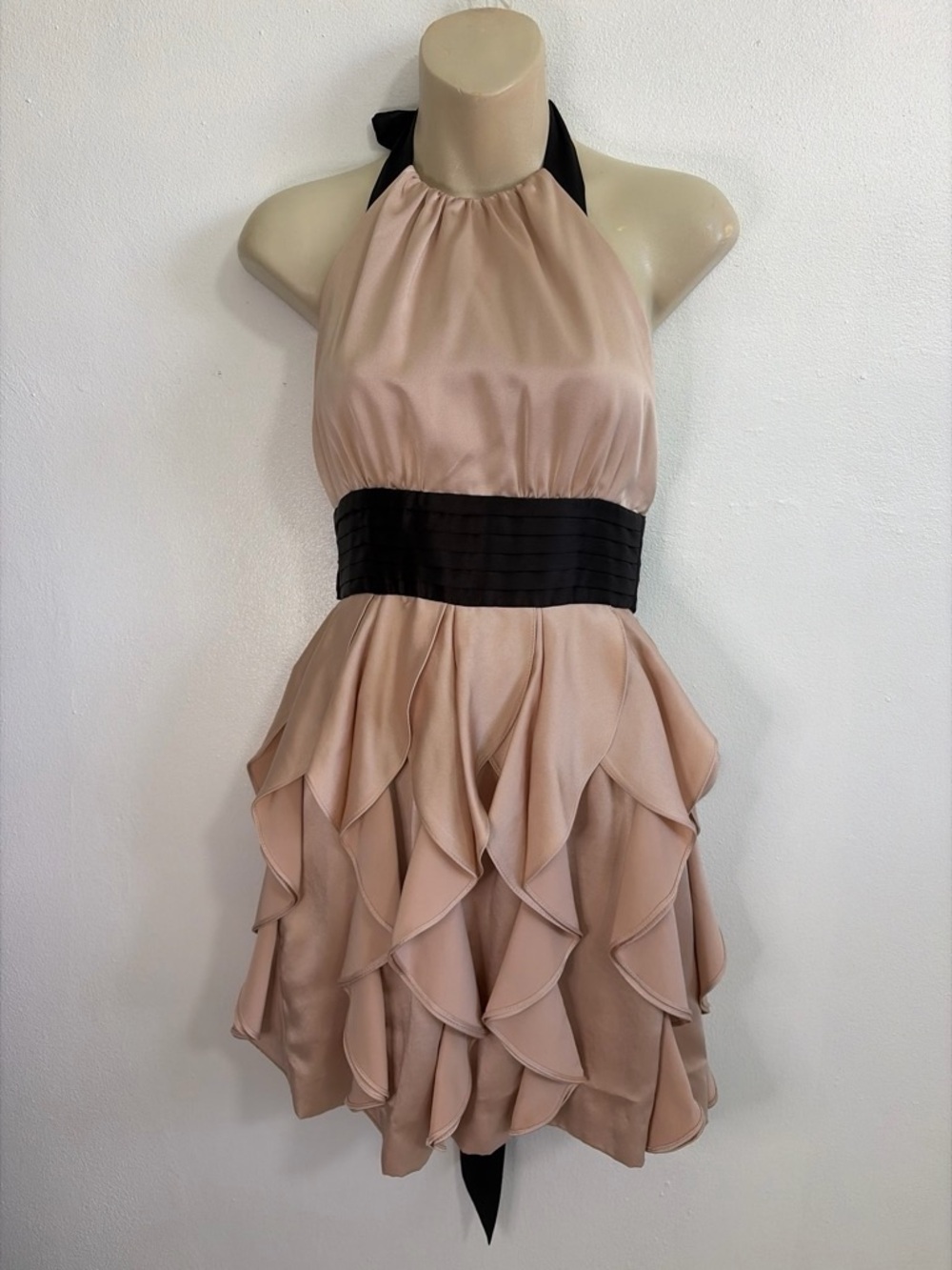 BCBGMaxAzria Blush Halter Ruffle Mini Dress with Black Waist